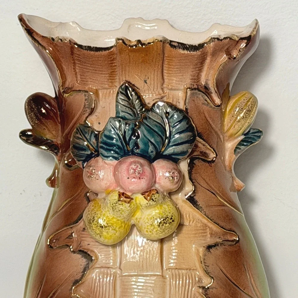Vintage Majolica-Style Ceramic Fruit Vase Basket Weave Gold Trim 8 Inch